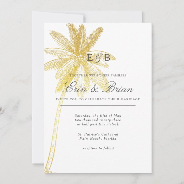 Gold Leaf Palm Tree Tropical Wedding Invitation (Front)