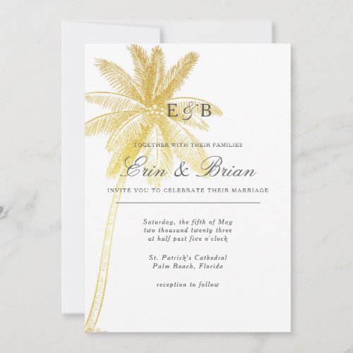 Gold Leaf Palm Tree Tropical Wedding Invitation