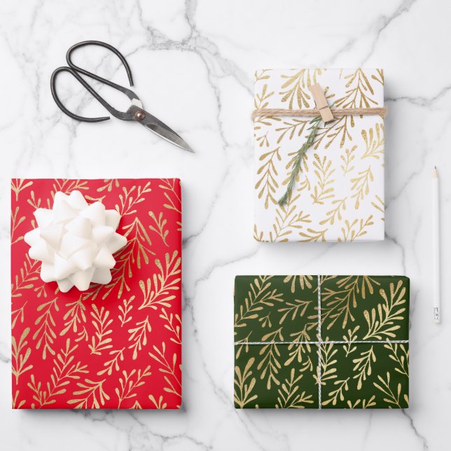 Gold Leaf Pattern Red Green White Christmas Wrapping Paper Sheets (Front)