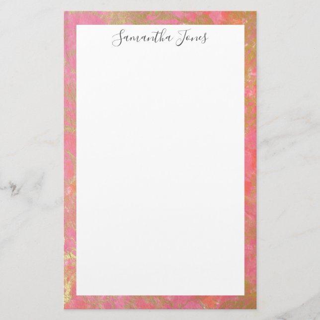 Gold Leaf Pink Marble  Metallic | Personalized Stationery (Front)