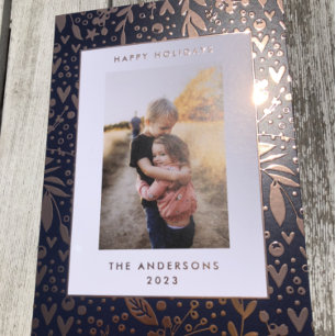 Gold Leaf Pressed Blue Floral Frame   Photo Foil Holiday Card