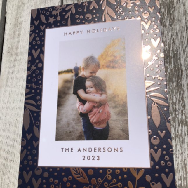 Gold Leaf Pressed Blue Floral Frame | Photo Foil Holiday Card (Creator Uploaded)