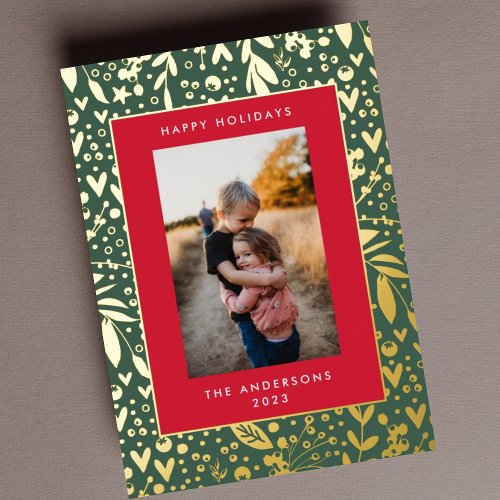 Gold Leaf Pressed  Green Red Floral Frame  Photo Foil Holiday Card