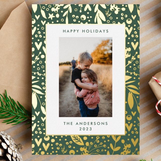 Gold Leaf Pressed Green White Floral Frame | Photo Foil Holiday Card (Creator Uploaded)