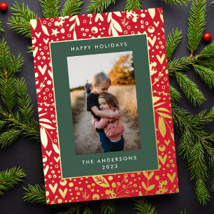 Gold Leaf Pressed   Red Green Floral Frame   Photo Foil Holiday Card