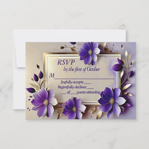 Gold leaf purple flowers wedding  RSVP card