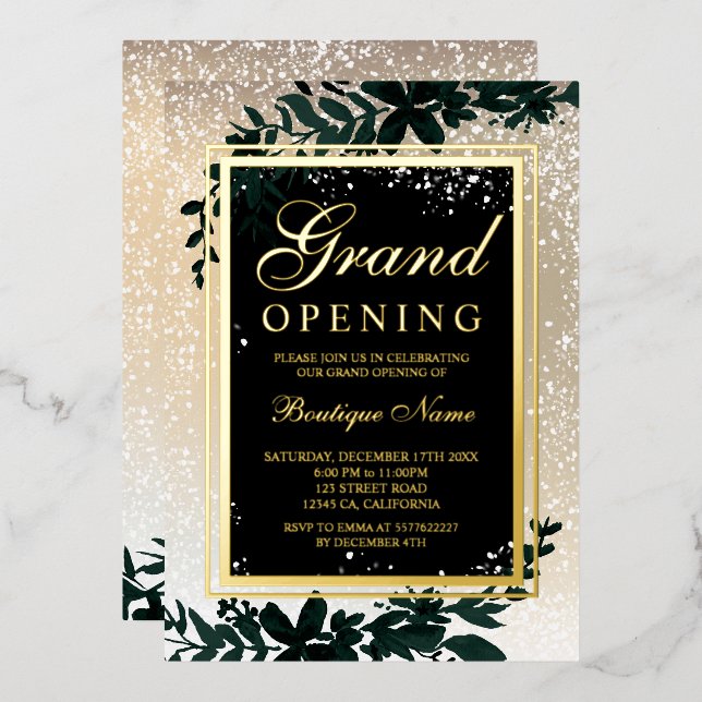 gold leaf snow elegant Christmas grand opening Foil Invitation (Front/Back)