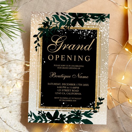 gold leaf snow elegant Christmas grand opening Invitation