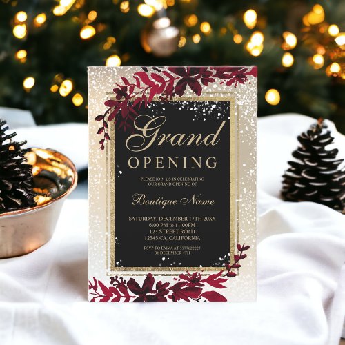 gold leaf snow elegant red Christmas grand opening Invitation