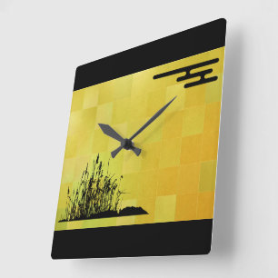 Gold leaf style background with a black Japanese p Square Wall Clock