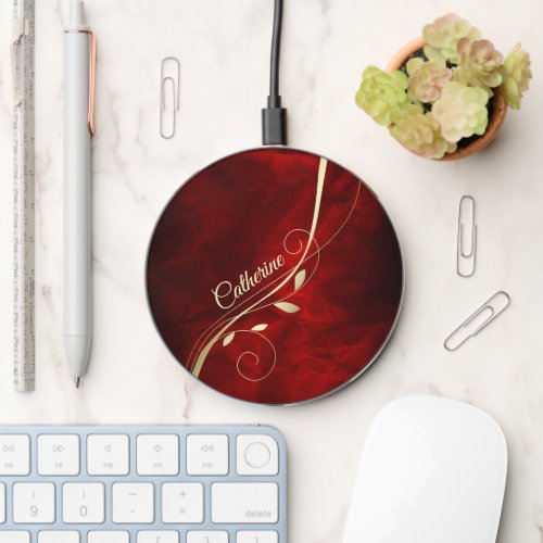 Gold Leaf Swirl Burgundy Red Wireless Charger