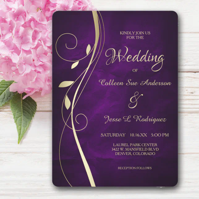 Gold Leaf Swirl Deep Purple Wedding Invitation | Zazzle