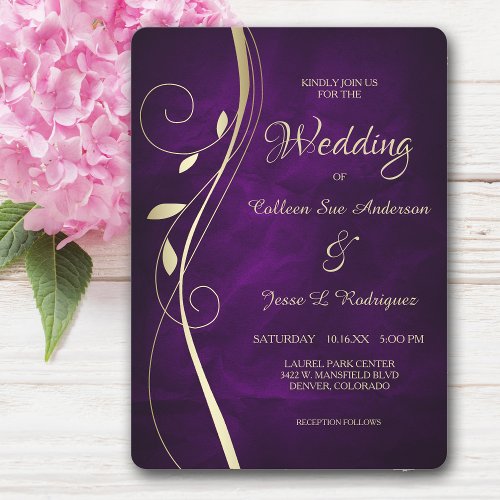 Gold Leaf Swirl Deep Purple Wedding Invitation