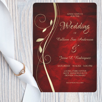 Gold Leaf Swirl Deep Red Wedding Invitation by Westerngirl2 at Zazzle