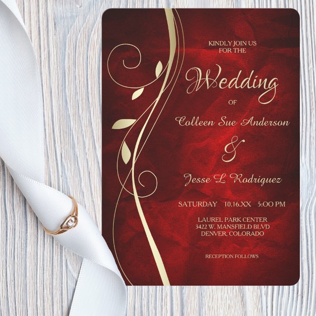 Gold Leaf Swirl Deep Red Wedding Invitation (Creator Uploaded)