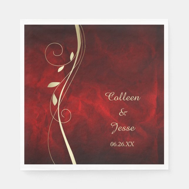 Gold Leaf Swirl Deep Red Wedding Napkins (Front)