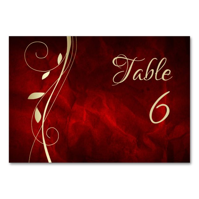 Gold Leaf Swirl Deep Red Wedding Table Number (Front)