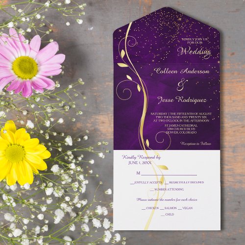 Gold Leaf Swirl Purple Photo Template Wedding