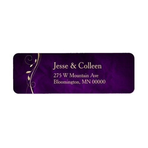 Gold Leaf Swirl Purple Wedding Return Label