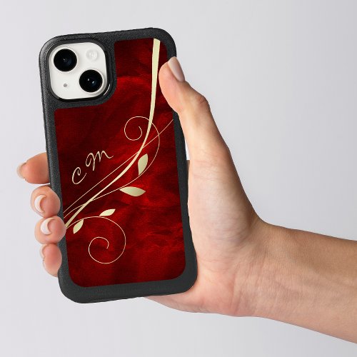 Gold Leaf Swirl Red Monogram OtterBox iPhone 14 Case