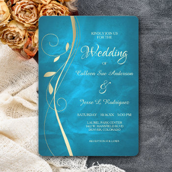Gold Leaf Swirl Teal Blue Wedding Invitation by Westerngirl2 at Zazzle