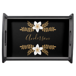 Gold Leaf White Flower Black with Name Serving Tray