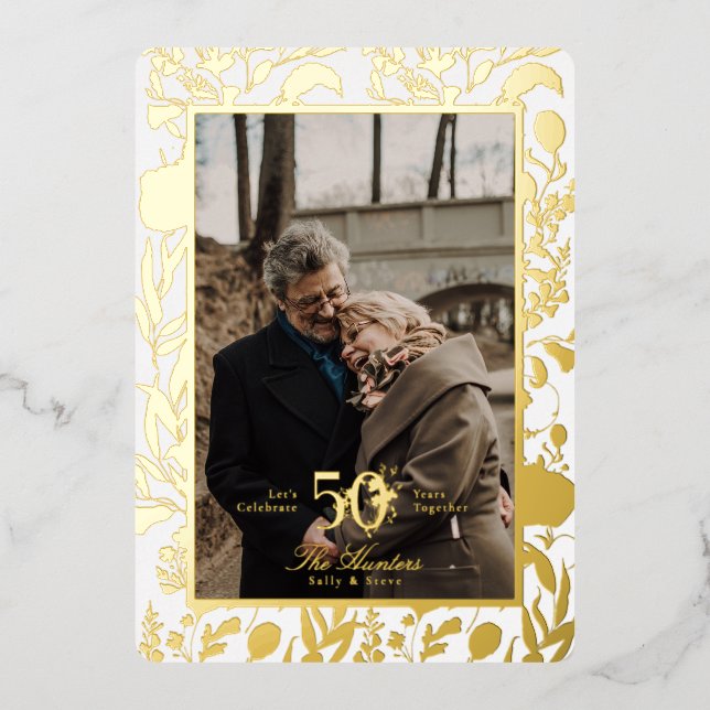 Gold Leaf WildFlower 50TH Wedding Anniversary Foil Invitation (Front)
