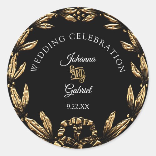 Gold Leaf Wreath Black Elegant Wedding Typography Classic Round Sticker