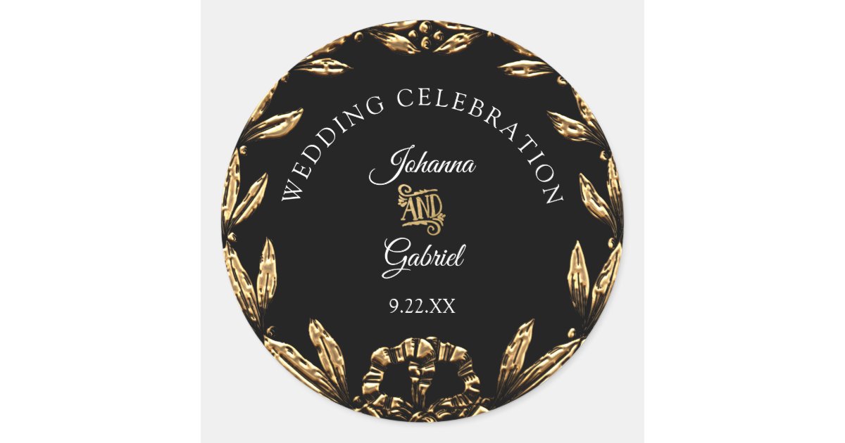 Gold Leaf Wreath Black Elegant Wedding Typography Classic Round Sticker ...