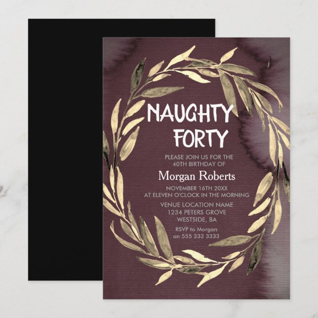 Gold Leaf Wreath Male 40th Birthday Party Invite (Front/Back)