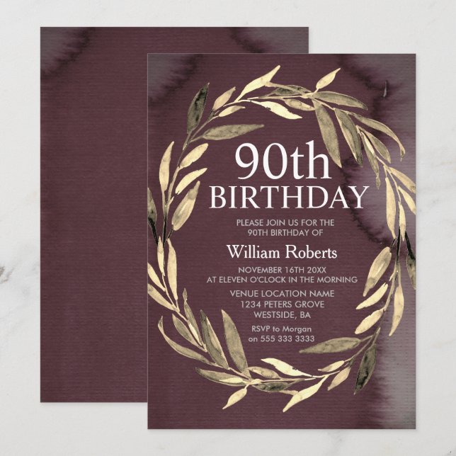 Gold Leaf Wreath Male 90th Birthday Party Invite (Front/Back)