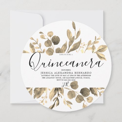 Gold Leaf Wreath Quinceanera 15th Birthday Party Invitation