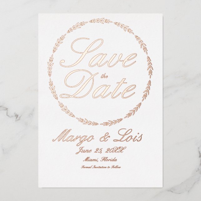 Gold Leaf Wreath Save the Date Pressed  Foil Invitation (Front)