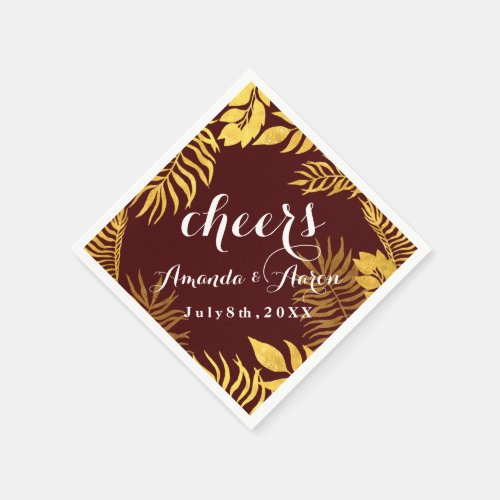 Gold Leafs Maroon burgundy White Floral Cheers Napkins