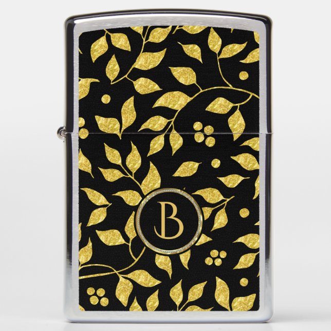Gold Leafs Seamless Pattern Monogram Zippo Lighter (Front)