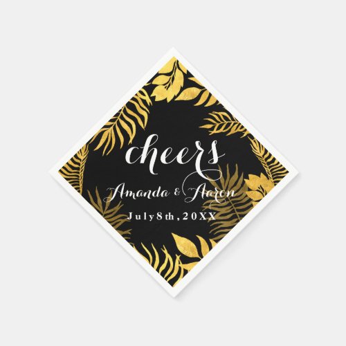 Gold Leafs tropic Black White Floral Cheers Napkins