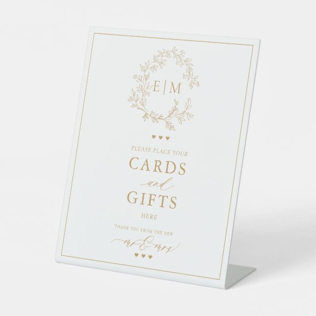 Gold Leafy Crest Monogram Card & Gifts Pedestal Sign (Front)