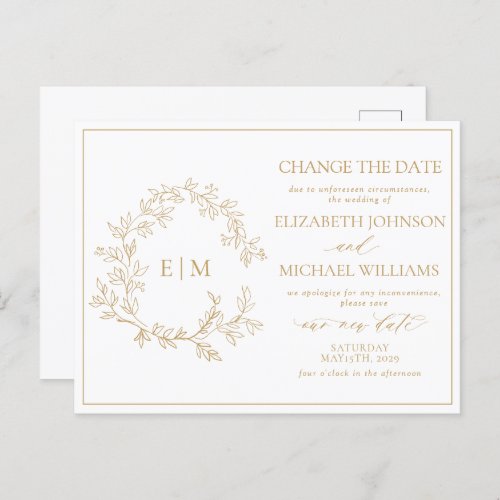 Gold Leafy Crest Monogram Change The Date Invitation Postcard - We're loving this trendy, modern gold wedding change the date! Simple, elegant, and oh-so-pretty, it features a hand drawn leafy wreath encircling a modern wedding monogram. It is personalized in elegant typography, and accented with hand-lettered calligraphy. Finally, it is trimmed in a delicate frame. Veiw suite here: https://www.zazzle.com/collections/gold_leafy_crest_monogram_wedding-119668631605460589 Contact designer for matching products to complete the suite, OR for color variations of this design. Thank you sooo much for supporting our small business, we really appreciate it! 
We are so happy you love this design as much as we do, and would love to invite
you to be part of our new private Facebook group Wedding Planning Tips for Busy Brides. 
Join to receive the latest on sales, new releases and more! 
https://www.facebook.com/groups/622298402544171  
Copyright Anastasia Surridge for Elegant Invites, all rights reserved.