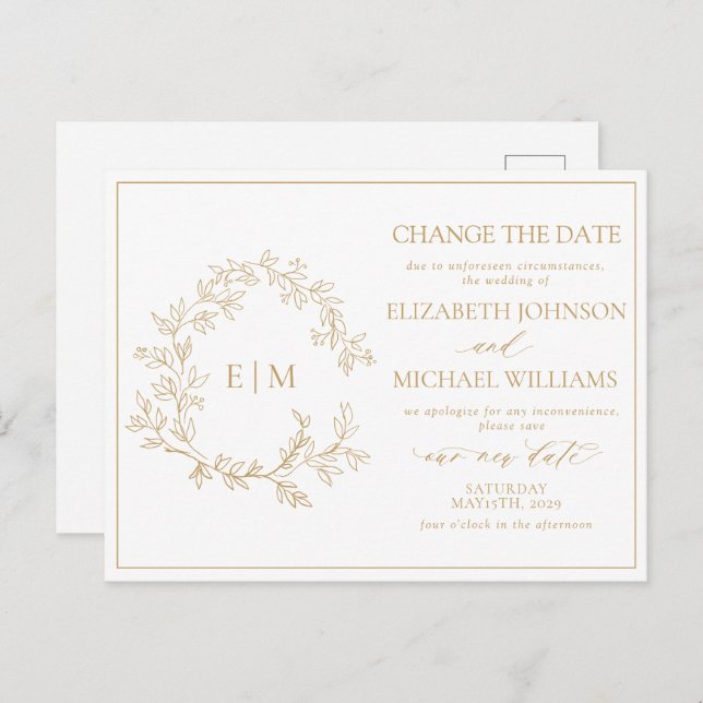Gold Leafy Crest Monogram Change The Date Invitation Postcard (Front/Back)