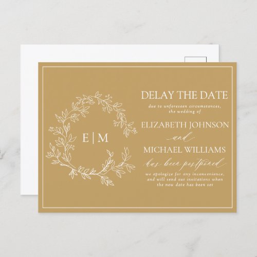 Gold Leafy Crest Monogram Delay The Date Invitatio Invitation Postcard - We're loving this trendy, modern gold wedding delay the date! Simple, elegant, and oh-so-pretty, it features a hand drawn leafy wreath encircling a modern wedding monogram. It is personalized in elegant typography, and accented with hand-lettered calligraphy. Finally, it is trimmed in a delicate frame. Veiw suite here: https://www.zazzle.com/collections/gold_leafy_crest_monogram_wedding-119668631605460589 Contact designer for matching products to complete the suite, OR for color variations of this design. Thank you sooo much for supporting our small business, we really appreciate it! 
We are so happy you love this design as much as we do, and would love to invite
you to be part of our new private Facebook group Wedding Planning Tips for Busy Brides. 
Join to receive the latest on sales, new releases and more! 
https://www.facebook.com/groups/622298402544171  
Copyright Anastasia Surridge for Elegant Invites, all rights reserved.