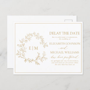Gold Leafy Crest Monogram Delay The Date Invitation Postcard