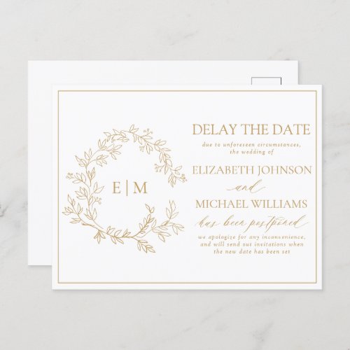 Gold Leafy Crest Monogram Delay The Date Invitation Postcard - We're loving this trendy, modern gold wedding delay the date! Simple, elegant, and oh-so-pretty, it features a hand drawn leafy wreath encircling a modern wedding monogram. It is personalized in elegant typography, and accented with hand-lettered calligraphy. Finally, it is trimmed in a delicate frame. Veiw suite here: https://www.zazzle.com/collections/gold_leafy_crest_monogram_wedding-119668631605460589 Contact designer for matching products to complete the suite, OR for color variations of this design. Thank you sooo much for supporting our small business, we really appreciate it! 
We are so happy you love this design as much as we do, and would love to invite
you to be part of our new private Facebook group Wedding Planning Tips for Busy Brides. 
Join to receive the latest on sales, new releases and more! 
https://www.facebook.com/groups/622298402544171  
Copyright Anastasia Surridge for Elegant Invites, all rights reserved.