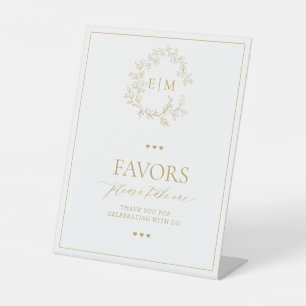 Gold Leafy Crest Monogram Favors Pedestal Sign