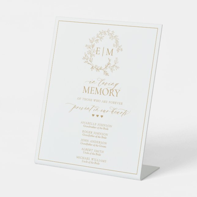 Gold Leafy Crest Monogram In Loving Memory Pedestal Sign (Front)