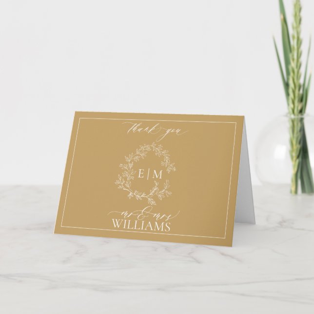 Gold Leafy Crest Monogram Photo Thank You Card (Front)