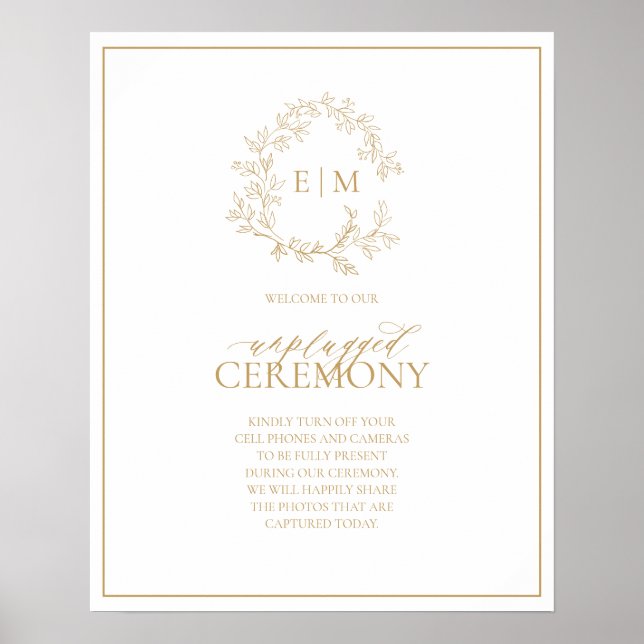 Gold Leafy Crest Monogram Unplugged Wedding Poster (Front)