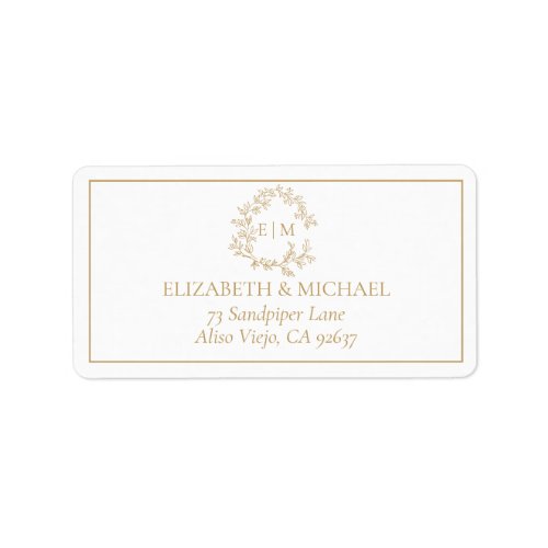 Gold Leafy Crest Monogram Wedding Address Label - Modern and trendy, this return address label design features a gold hand drawn leafy wreath encircling a modern wedding monogram. It is personalized in elegant typography, name & address in a matching sage green color, trimmed in a delicate frame. Part of a collection, veiw suite here: https://www.zazzle.com/collections/gold_leafy_crest_monogram_wedding-119668631605460589 Contact designer for matching products to complete the suite, OR for color variations of this design. Thank you sooo much for supporting our small business, we really appreciate it! 
We are so happy you love this design as much as we do, and would love to invite
you to be part of our new private Facebook group Wedding Planning Tips for Busy Brides. 
Join to receive the latest on sales, new releases and more! 
https://www.facebook.com/groups/622298402544171  
Copyright Anastasia Surridge for Elegant Invites, all rights reserved.
