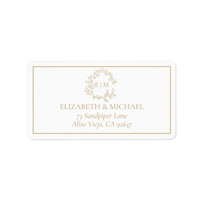 Gold Leafy Crest Monogram Wedding Address Label (Front)