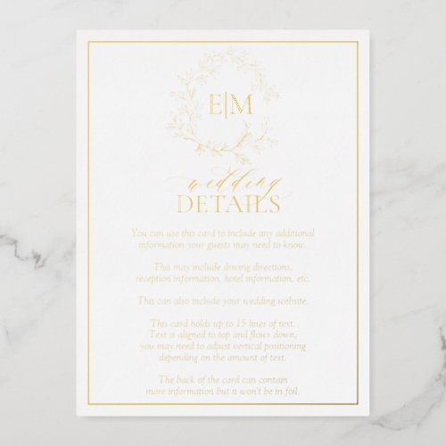 Gold Leafy Crest Monogram Wedding Details Card