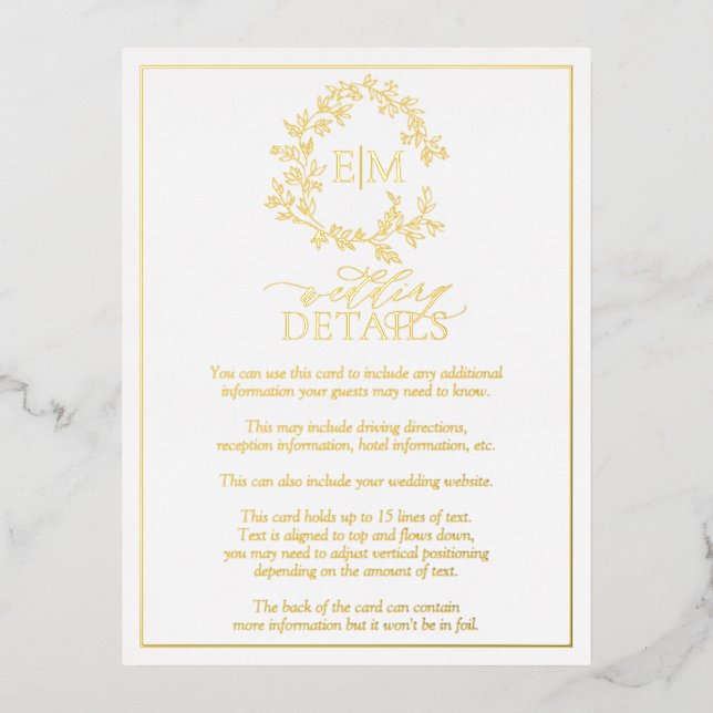 Gold Leafy Crest Monogram Wedding Details Card (Front)